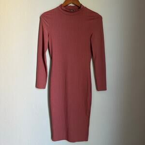 Boohoo Rust Midi Ribbed Dress Mock Neck Long Sleeve Fall